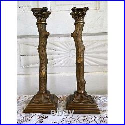 Vintage Pair MCM Bronze Candlestick Holders Cut Tree Branches