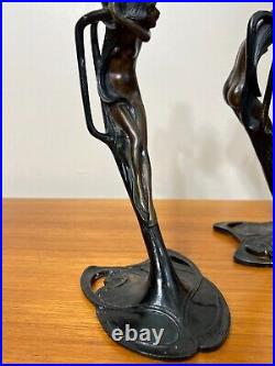 Vintage Pair MMA Bronze Art Deco Nymph Sculpture Candlesticks Holders, 10 3/4 T