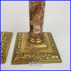 Vintage Pair Of Brass And Marble Corinthian Column Style Candlesticks 19cm High
