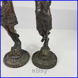 Vintage Pair Of Bronze Figural Candlesticks Man & Woman On Dolphin Base 38.5cm