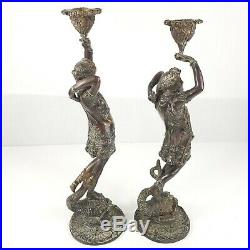 Vintage Pair Of Bronze Figural Candlesticks Man & Woman On Dolphin Base 38.5cm