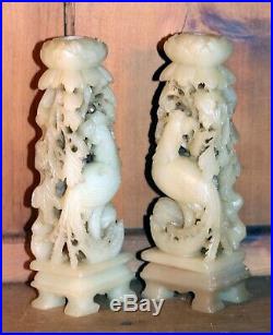 Vintage Pair Of Chinese Hand Carved Soapstone Candlestick Holders 21 CM