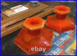 Vintage Pair Of Davidson Orange Cloud Glass Candle Sticks