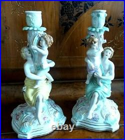 Vintage Pair Of Dresden Porcelain Cupid Floral Candlesticks Candlelabra