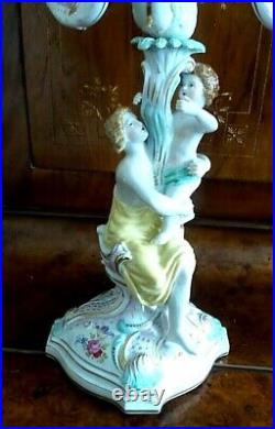 Vintage Pair Of Dresden Porcelain Cupid Floral Candlesticks Candlelabra