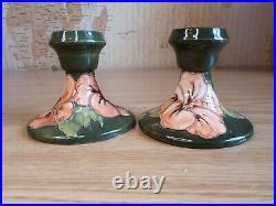 Vintage Pair Of Moorcroft'Hibiscus' Green Candlestick Holders Made in England