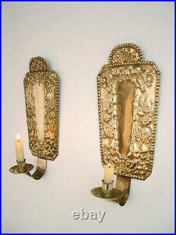 Vintage Pair Of Scandinavian Hand Made Brass Wall Sconce Candlesticks. 1934