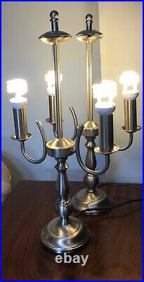 Vintage Pair Of Silver Double Candlestick Candelabra Table Lamps 21 Tall