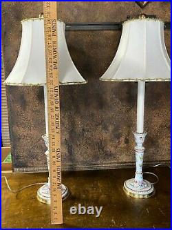 Vintage Pair Porcelain Candlestick Table Lamps with original Shades Pr Lights