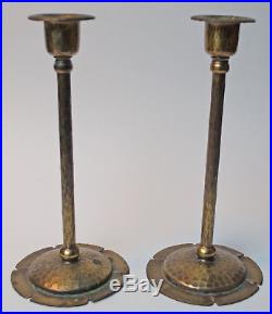 Vintage Pair Roycroft Arts & Crafts Hammered Brass Candlesticks Floriform Base