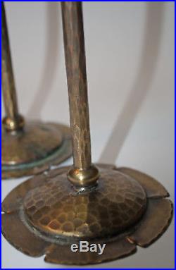 Vintage Pair Roycroft Arts & Crafts Hammered Brass Candlesticks Floriform Base