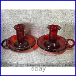 Vintage Pair Ruby Red Selenium Glass Chamber Candle Sticks Hand Blown Signed