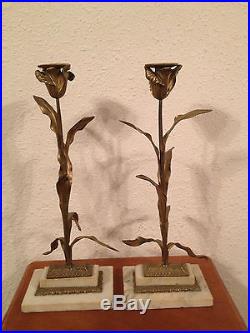 Vintage Pair Tall Gilt Metal & Marble Candle Stick Holders with Floral Decoration