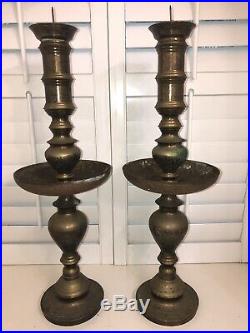 Vintage Pair of 1960s Middle Eastern Large Floor Brass Candle Stick Holders
