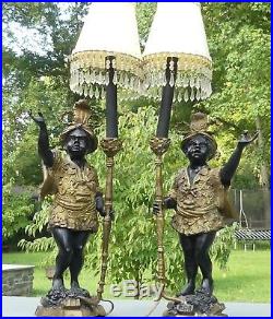 Vintage Pair of Blackamoor Candlestick Lamps with Beaded Shades 23 Tall