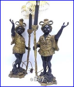 Vintage Pair of Blackamoor Candlestick Lamps with Beaded Shades 23 Tall