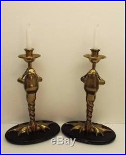 Vintage Pair of CHAPMAN Brass FROG Figural Candle Sticks Web Feet Home Decor