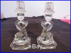 Vintage Pair of Cambridge Clear Glass Dolphin Candle Stick Holders