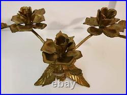 Vintage Pair of Candlestick Holders Brass Roses Table Art Sculptures Victorian