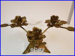 Vintage Pair of Candlestick Holders Brass Roses Table Art Sculptures Victorian