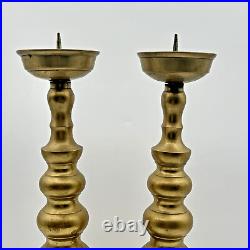 Vintage Pair of Candlesticks Tall Pillar Brass 1960s Beehive Midcentury
