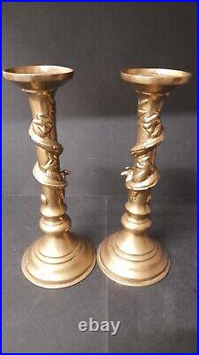 Vintage Pair of Chinese Dragon Brass Candlestick Holders Patina 10 T