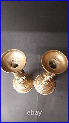 Vintage Pair of Chinese Dragon Brass Candlestick Holders Patina 10 T
