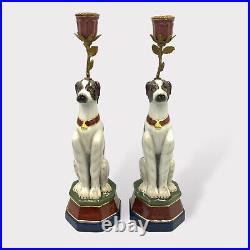 Vintage Pair of Dog Figural Candlesticks. Continental Meissen Style Ceramic