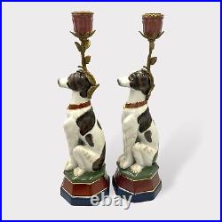 Vintage Pair of Dog Figural Candlesticks. Continental Meissen Style Ceramic