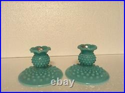 Vintage Pair of Fenton Turquoise Teal Milk Glass Hobnail Candle Holders Sticks
