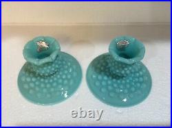 Vintage Pair of Fenton Turquoise Teal Milk Glass Hobnail Candle Holders Sticks
