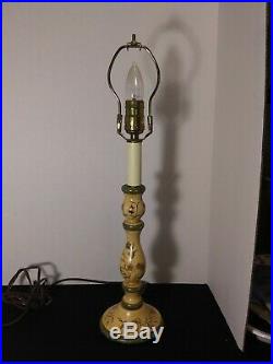 Vintage Pair of French Country Wood Candlestick and Metal Tole Shade Lamps