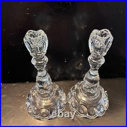 Vintage Pair of L E Smith Clear Moon & Stars Glass Candlestick Holders