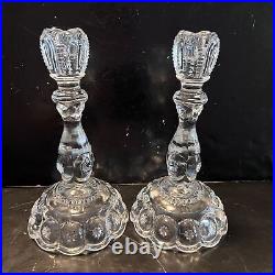 Vintage Pair of L E Smith Clear Moon & Stars Glass Candlestick Holders