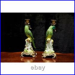 Vintage Pair of Porcelain Candlesticks Parrot Gilded Bronze France WONG LEE