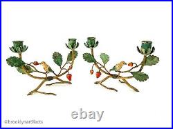 Vintage Pair of Tole Painted Mantle Candlestick Holders Iron with Bird & Berry