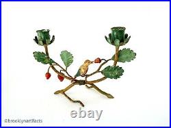 Vintage Pair of Tole Painted Mantle Candlestick Holders Iron with Bird & Berry