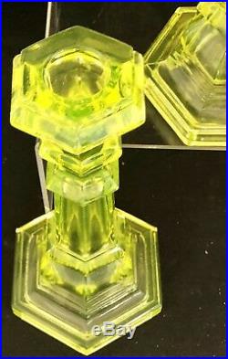 Vintage Pair of Vaseline Uranium Depression Glass Candlesticks 2 Candle Holders