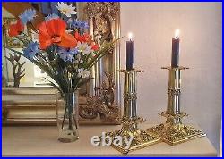 Vintage Pair of Victorian Brass Candlesticks, Highly Decorative & Unusual C1880