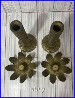 Vintage Palm Tree Brass Candlesticks Pair Candle Holders