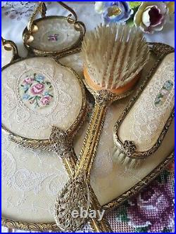 Vintage Petitpoint Oval Dressing Table Set Tray, Candle sticks, Brush Set