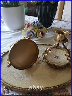 Vintage Petitpoint Oval Dressing Table Set Tray, Candle sticks, Brush Set