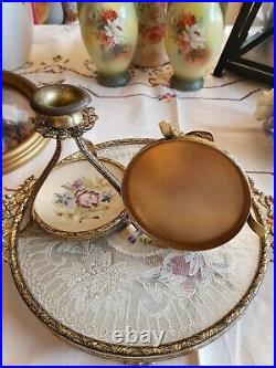 Vintage Petitpoint Round Dressing Table Set Tray, Candle sticks, Brush Set