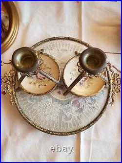 Vintage Petitpoint Round Dressing Table Set Tray, Candle sticks, Brush Set