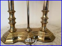 Vintage Polished Brass Bouillotte Double Candlestick Table Lamp with Faux Leather
