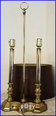 Vintage Polished Brass Bouillotte Double Candlestick Table Lamp with Faux Leather