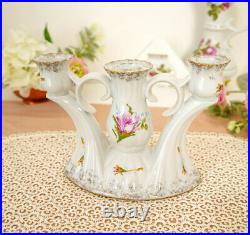 Vintage Porcelain Candlestick Vase Three Arm Candle Holder Decorative Rose White