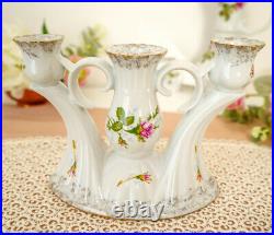 Vintage Porcelain Candlestick Vase Three Arm Candle Holder Decorative Rose White