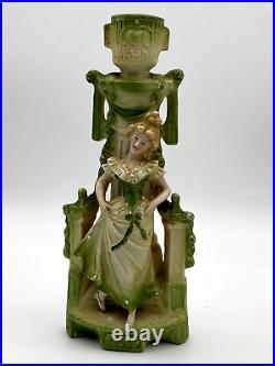 Vintage Porcelain Candlestick with Lady Green Ornament