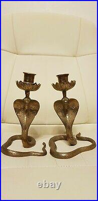 Vintage Retro Indian Brass Snake Serpent Cobra Candlestick Candle Holders Pair